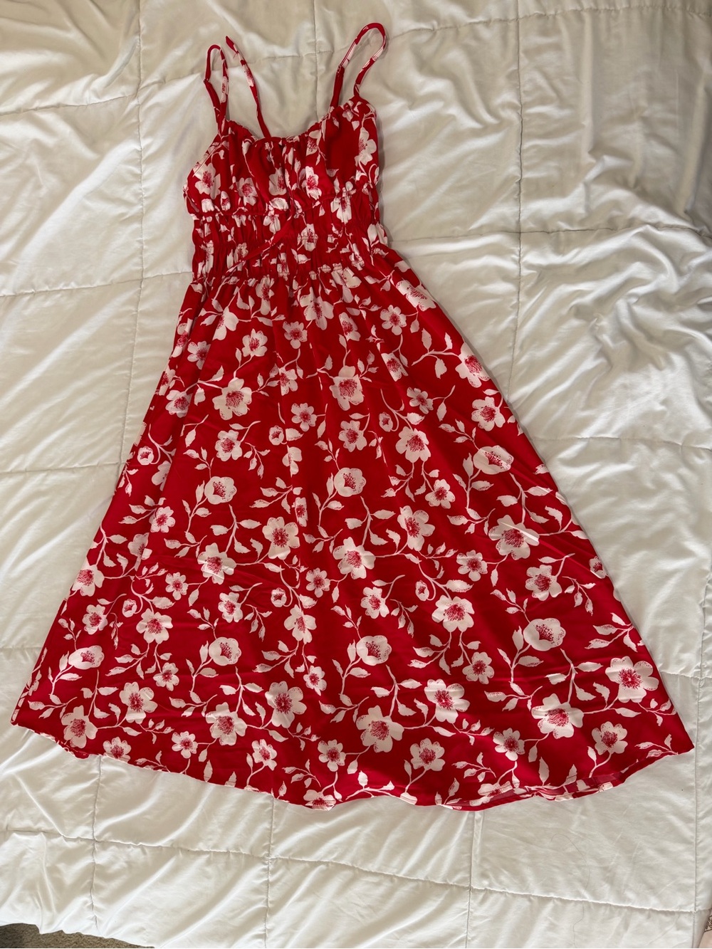 Red Floral Sundress - Spaghetti Strapped Smocked Bodice